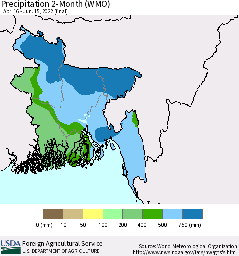 Bangladesh Precipitation 2-Month (WMO) Thematic Map For 4/16/2022 - 6/15/2022