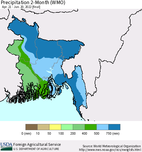 Bangladesh Precipitation 2-Month (WMO) Thematic Map For 4/21/2022 - 6/20/2022