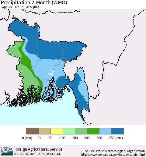 Bangladesh Precipitation 2-Month (WMO) Thematic Map For 4/26/2022 - 6/25/2022