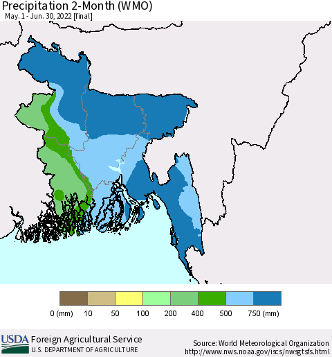 Bangladesh Precipitation 2-Month (WMO) Thematic Map For 5/1/2022 - 6/30/2022