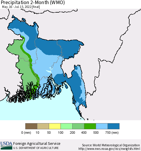 Bangladesh Precipitation 2-Month (WMO) Thematic Map For 5/16/2022 - 7/15/2022