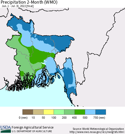 Bangladesh Precipitation 2-Month (WMO) Thematic Map For 6/1/2022 - 7/31/2022
