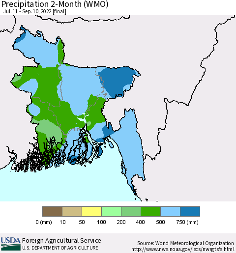 Bangladesh Precipitation 2-Month (WMO) Thematic Map For 7/11/2022 - 9/10/2022