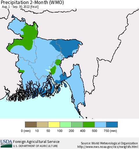 Bangladesh Precipitation 2-Month (WMO) Thematic Map For 8/1/2022 - 9/30/2022