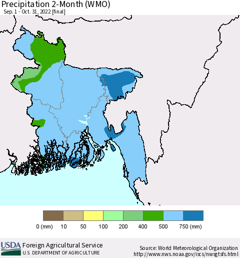Bangladesh Precipitation 2-Month (WMO) Thematic Map For 9/1/2022 - 10/31/2022