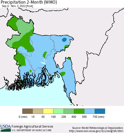 Bangladesh Precipitation 2-Month (WMO) Thematic Map For 9/6/2022 - 11/5/2022