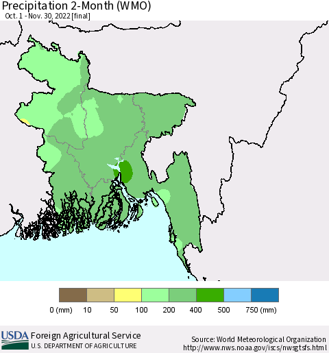 Bangladesh Precipitation 2-Month (WMO) Thematic Map For 10/1/2022 - 11/30/2022