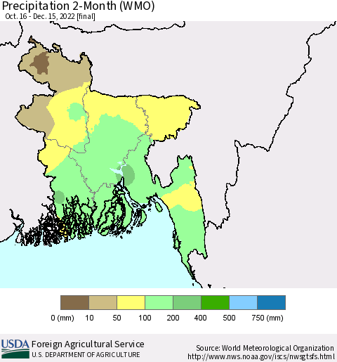 Bangladesh Precipitation 2-Month (WMO) Thematic Map For 10/16/2022 - 12/15/2022