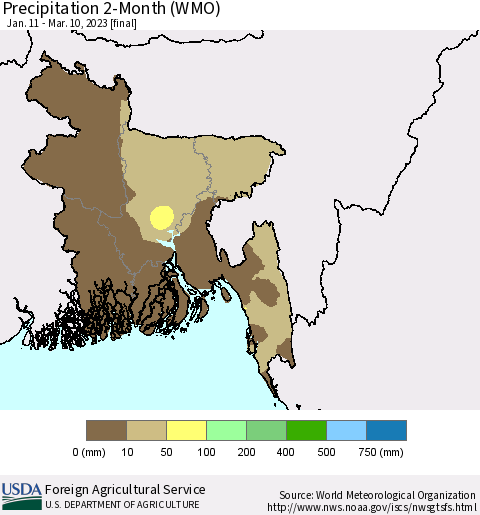 Bangladesh Precipitation 2-Month (WMO) Thematic Map For 1/11/2023 - 3/10/2023