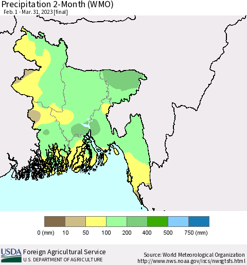 Bangladesh Precipitation 2-Month (WMO) Thematic Map For 2/1/2023 - 3/31/2023