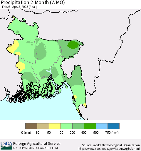 Bangladesh Precipitation 2-Month (WMO) Thematic Map For 2/6/2023 - 4/5/2023
