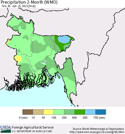 Bangladesh Precipitation 2-Month (WMO) Thematic Map For 2/26/2023 - 4/25/2023