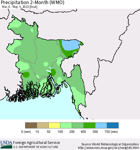Bangladesh Precipitation 2-Month (WMO) Thematic Map For 3/6/2023 - 5/5/2023