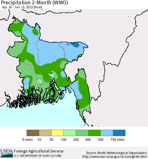 Bangladesh Precipitation 2-Month (WMO) Thematic Map For 4/16/2023 - 6/15/2023