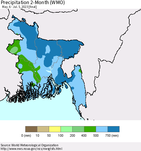 Bangladesh Precipitation 2-Month (WMO) Thematic Map For 5/6/2023 - 7/5/2023