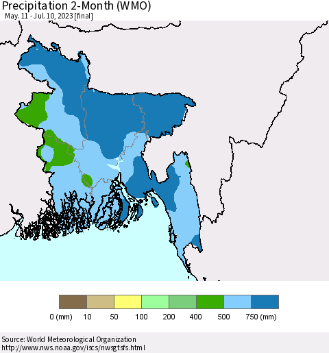 Bangladesh Precipitation 2-Month (WMO) Thematic Map For 5/11/2023 - 7/10/2023