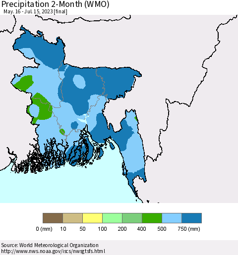 Bangladesh Precipitation 2-Month (WMO) Thematic Map For 5/16/2023 - 7/15/2023