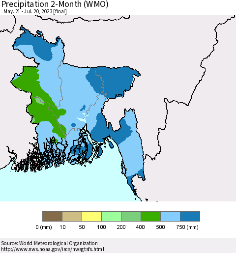 Bangladesh Precipitation 2-Month (WMO) Thematic Map For 5/21/2023 - 7/20/2023