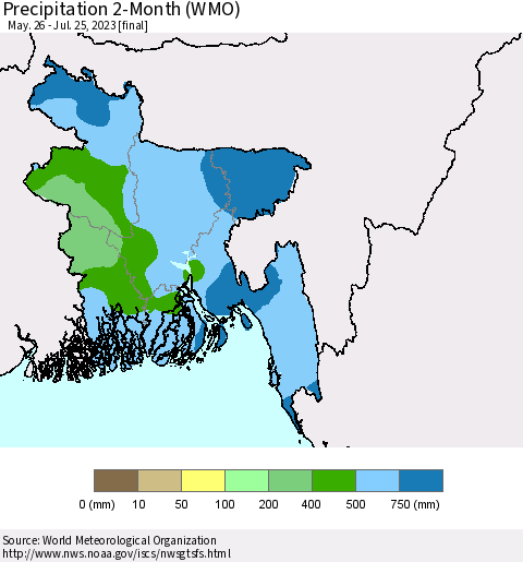 Bangladesh Precipitation 2-Month (WMO) Thematic Map For 5/26/2023 - 7/25/2023