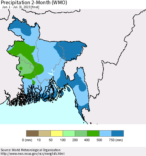 Bangladesh Precipitation 2-Month (WMO) Thematic Map For 6/1/2023 - 7/31/2023