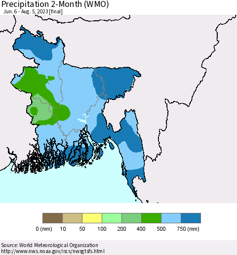 Bangladesh Precipitation 2-Month (WMO) Thematic Map For 6/6/2023 - 8/5/2023