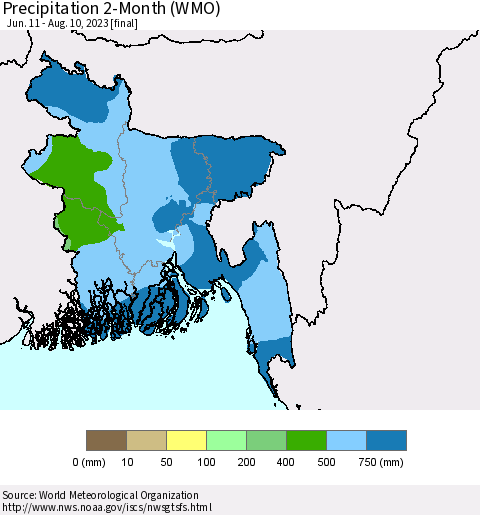 Bangladesh Precipitation 2-Month (WMO) Thematic Map For 6/11/2023 - 8/10/2023