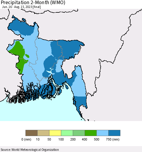 Bangladesh Precipitation 2-Month (WMO) Thematic Map For 6/16/2023 - 8/15/2023
