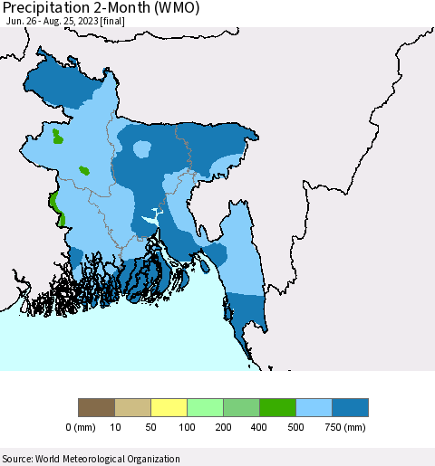 Bangladesh Precipitation 2-Month (WMO) Thematic Map For 6/26/2023 - 8/25/2023