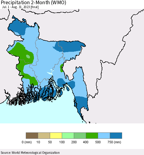 Bangladesh Precipitation 2-Month (WMO) Thematic Map For 7/1/2023 - 8/31/2023
