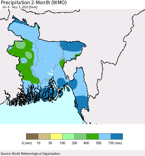Bangladesh Precipitation 2-Month (WMO) Thematic Map For 7/6/2023 - 9/5/2023