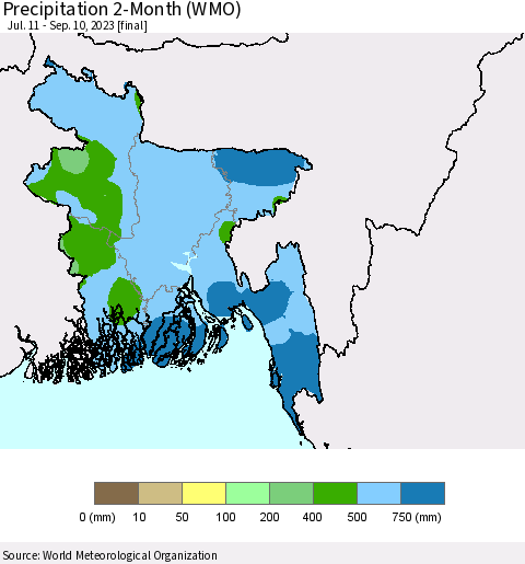 Bangladesh Precipitation 2-Month (WMO) Thematic Map For 7/11/2023 - 9/10/2023