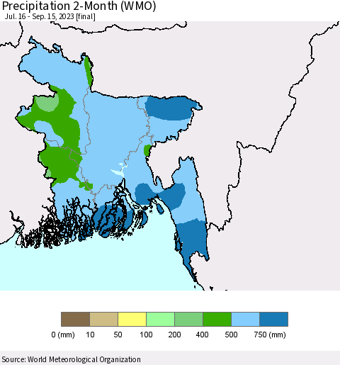 Bangladesh Precipitation 2-Month (WMO) Thematic Map For 7/16/2023 - 9/15/2023