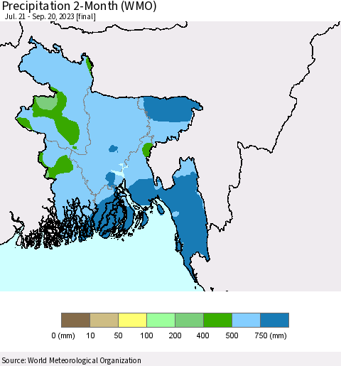 Bangladesh Precipitation 2-Month (WMO) Thematic Map For 7/21/2023 - 9/20/2023