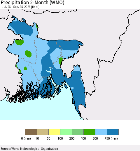 Bangladesh Precipitation 2-Month (WMO) Thematic Map For 7/26/2023 - 9/25/2023