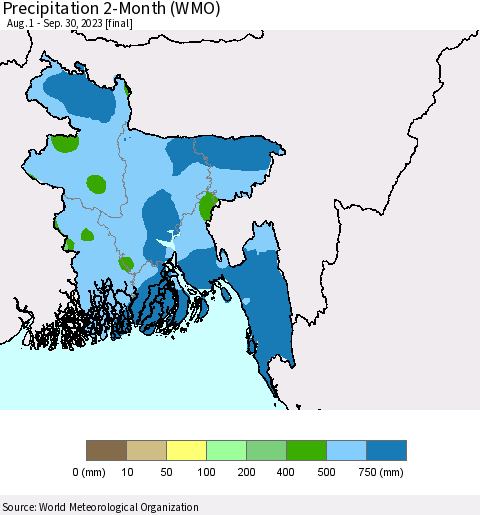 Bangladesh Precipitation 2-Month (WMO) Thematic Map For 8/1/2023 - 9/30/2023