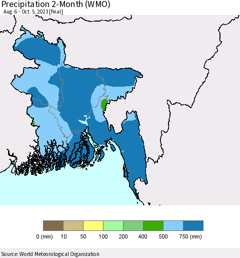 Bangladesh Precipitation 2-Month (WMO) Thematic Map For 8/6/2023 - 10/5/2023