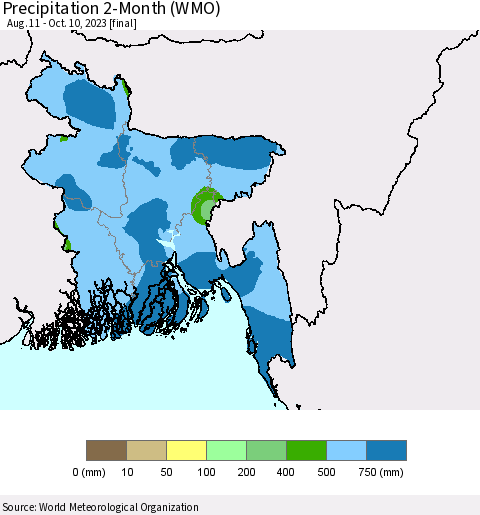 Bangladesh Precipitation 2-Month (WMO) Thematic Map For 8/11/2023 - 10/10/2023