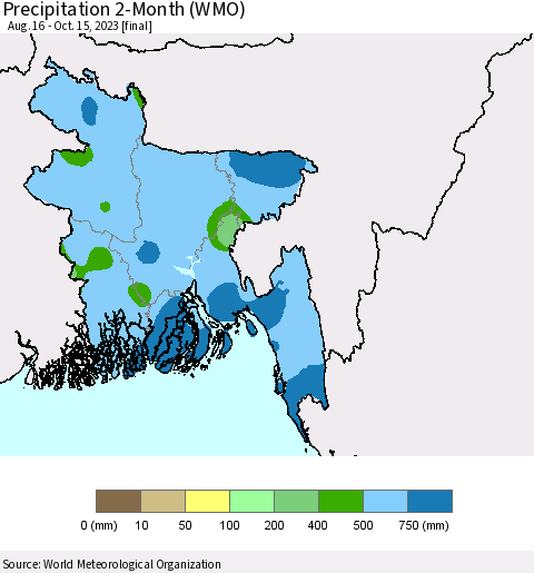 Bangladesh Precipitation 2-Month (WMO) Thematic Map For 8/16/2023 - 10/15/2023