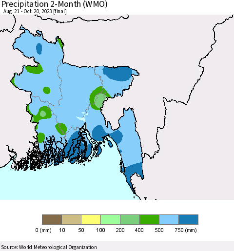Bangladesh Precipitation 2-Month (WMO) Thematic Map For 8/21/2023 - 10/20/2023