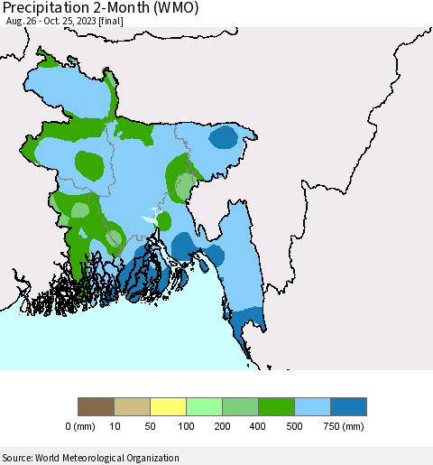 Bangladesh Precipitation 2-Month (WMO) Thematic Map For 8/26/2023 - 10/25/2023