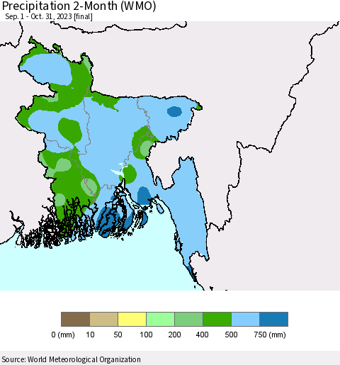Bangladesh Precipitation 2-Month (WMO) Thematic Map For 9/1/2023 - 10/31/2023