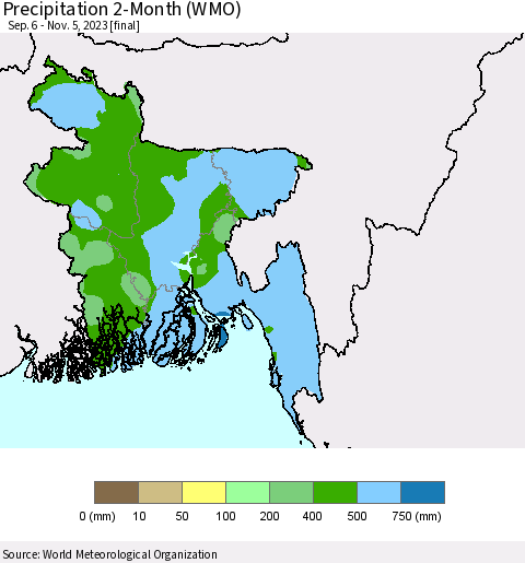 Bangladesh Precipitation 2-Month (WMO) Thematic Map For 9/6/2023 - 11/5/2023