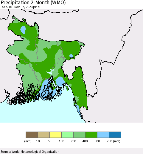 Bangladesh Precipitation 2-Month (WMO) Thematic Map For 9/16/2023 - 11/15/2023