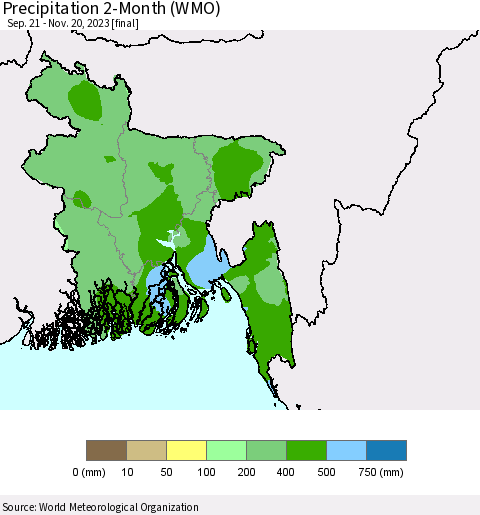 Bangladesh Precipitation 2-Month (WMO) Thematic Map For 9/21/2023 - 11/20/2023