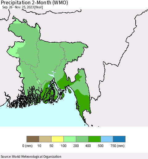 Bangladesh Precipitation 2-Month (WMO) Thematic Map For 9/26/2023 - 11/25/2023