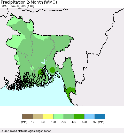 Bangladesh Precipitation 2-Month (WMO) Thematic Map For 10/1/2023 - 11/30/2023