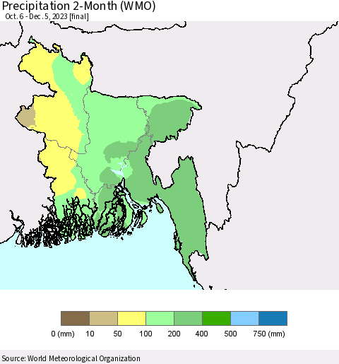 Bangladesh Precipitation 2-Month (WMO) Thematic Map For 10/6/2023 - 12/5/2023