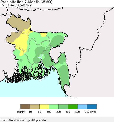 Bangladesh Precipitation 2-Month (WMO) Thematic Map For 10/16/2023 - 12/15/2023