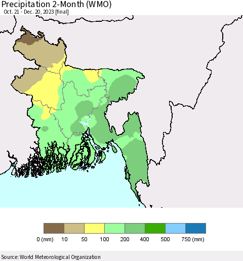 Bangladesh Precipitation 2-Month (WMO) Thematic Map For 10/21/2023 - 12/20/2023
