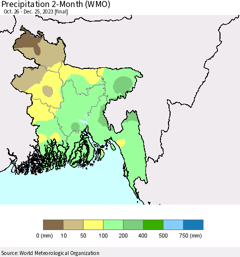 Bangladesh Precipitation 2-Month (WMO) Thematic Map For 10/26/2023 - 12/25/2023